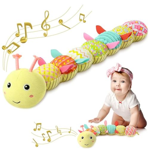 Baby Toys 0 to 12 Months, Musical Stuffed Animal Activity Soft Toys with Multi-Sensory Crinkle, Rattle and Textures, Infant Tummy Time Toys for Newborn Boys Girls, Caterpillar, Yellow - Yellow-Caterpillar