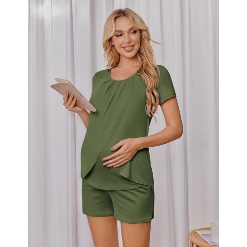 Ekouaer Women's Maternity Nursing Pajamas Set Breastfeeding Sleepwear Double Layer Short Sleeve Top & Shorts Nursing Pjs