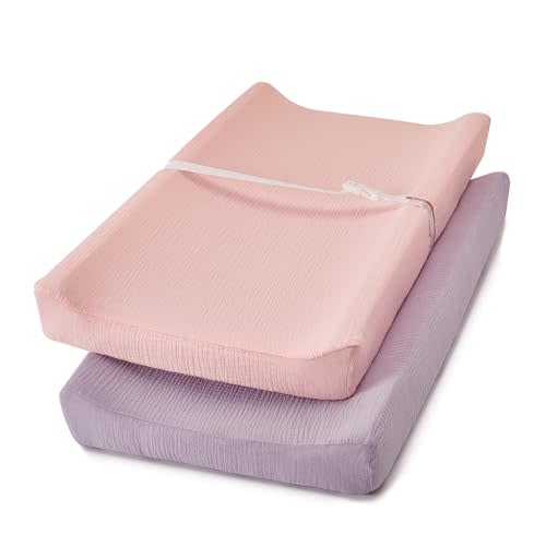 TILLYOU Muslin Changing Pad Cover for Girls Boys, Soft and Breathable Baby Diaper Changing Pad Cover, 2 Pack Light Purple&Light Pink