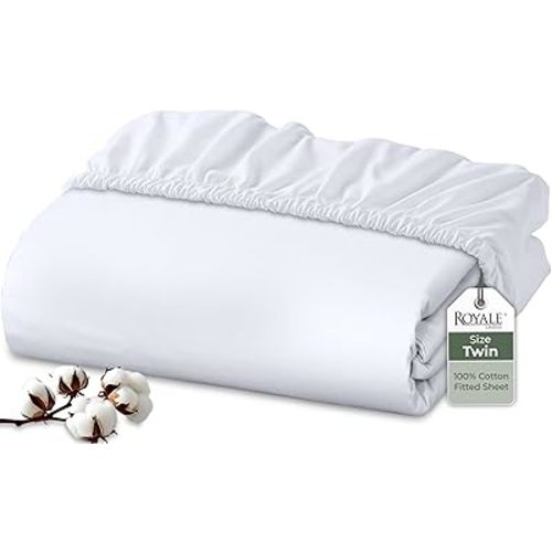 Royale Linens 100% Organic Cotton Fitted Sheet - Percale Weave - Super Soft Deep Pocket Bottom Sheets - White Elastic Sheet Twin Size - Twin Fitted Sheets Only - (39"x75"+15", White)
