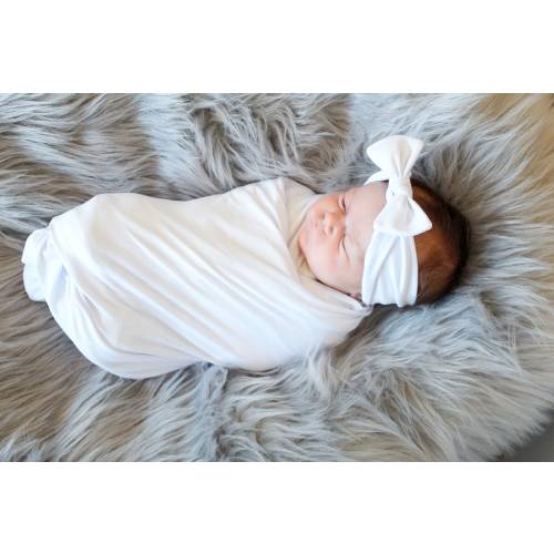 White Baby Swaddle Blanket, Newborn Swaddle, White Baby Blanket, Swaddle Set, Top Knot Hat and Swaddle Set, Stretchy Knit, Bow Set