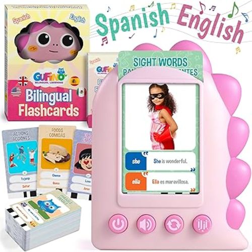 GUFINO – Spanish English Bilingual Flashcards for Toddlers 3-5 Years – Montessori Toys for 3+ Year Old, Preschool Supplies Learning Resources – Juguetes para Niñas de 3 Años o mayores. Pink