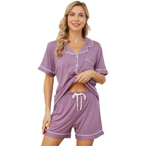 Womens Pajama Sets Short Sleeve Sleepwear Soft Button Down Nightwear Lounge Pj Set XS-XXL