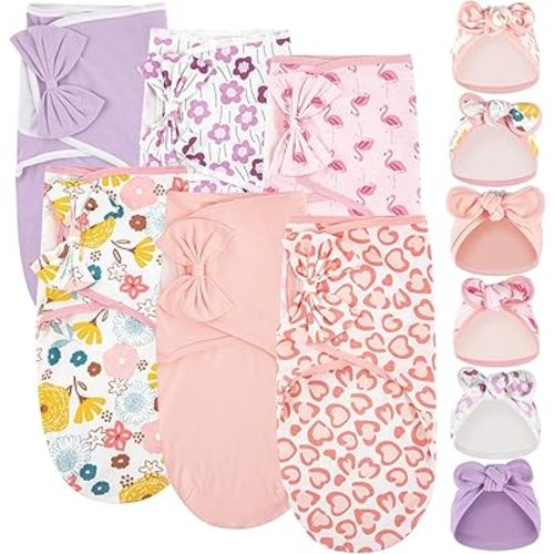 Ramede 6 Pack Baby Swaddle Blanket with Hats Sleep Swaddle for 0-3 Months Newborn Sacks Soft Cotton Wearable for Boy Girl