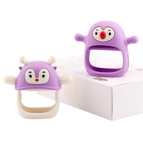 Smily Mia Baby Teething Toy |Penguin Teether for 0-6Months |Reindeer Baby Chew Toys for 3m+, Soft Silicone Hand Teether |Teething Mitten for Teething Pain Relief, Baby Essentials Gift Box, Purple