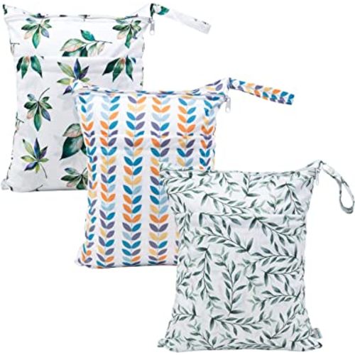 babygoal Wet Dry Bags for Baby Cloth Diapers, Washable Travel Bags, Beach, Pool, Gym Bag for Swimsuits & Wet Clothes with Two Zippered Pockets 3 Pack 3LN08
