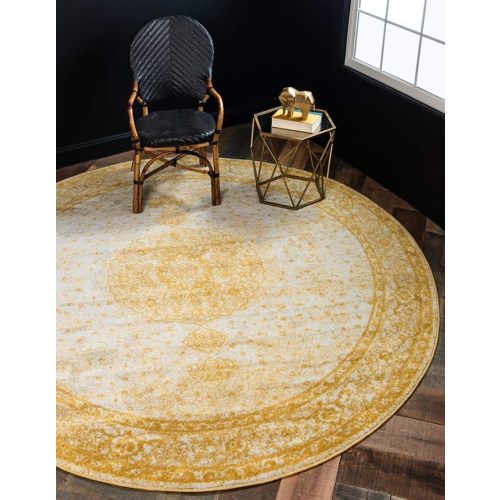 Unique Loom Bromley Collection Area Rug - Midnight (8' Round, Yellow/ Ivory)