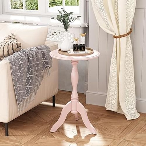 HLR Round Small End Table, Wooden Pedestal Side Coffee Tables, Vintage Accent Nightstand for Living Room, Bedroom, Entryway, Pink