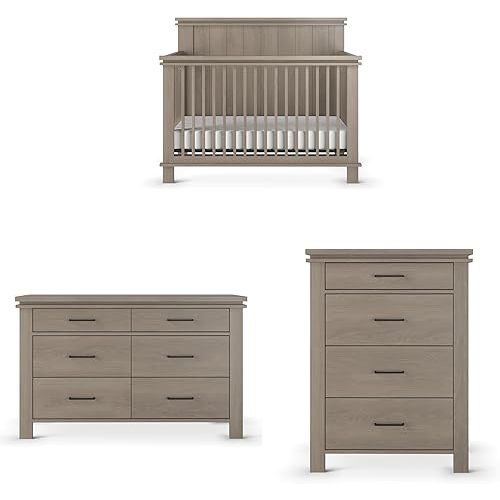 Child Craft Denman Crib, Dresser and Chest Nursery Set, 3-Piece, Includes 4-in-1 Convertible Crib, Dresser and Chest, Grows with Your Baby (Crescent Gray)