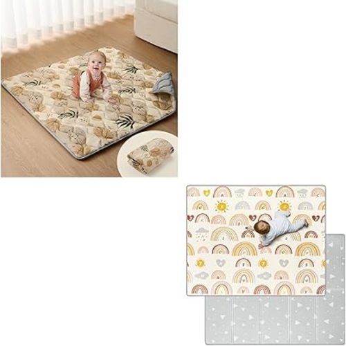 Blissful Diary 43x43 Playpen Mat Earth Tones Design + 78x50x0.4 Rainbow Soft Baby Play Mat