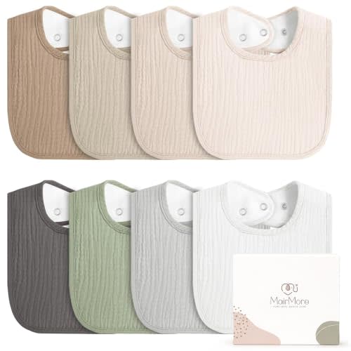 MairMore Muslin Baby Bibs, Drool Bibs for Boys and Girls, 8-Pack | Adjustable Snaps, Cotton Front Soft Fleece Back, Baby Bibs for Drooling & Teething, for Newborn, Toddler Aged 0-36 Months