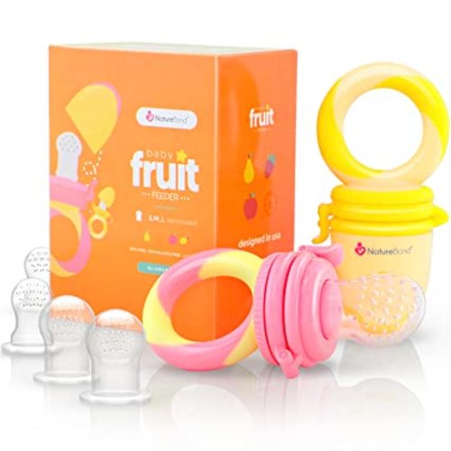 NatureBond Baby Food Feeder/Fruit Feeder Pacifier (2 Pack) - Infant Teething Toy Teether | Includes Additional Silicone Sacs - Peach Pink and Lemonade Yellow