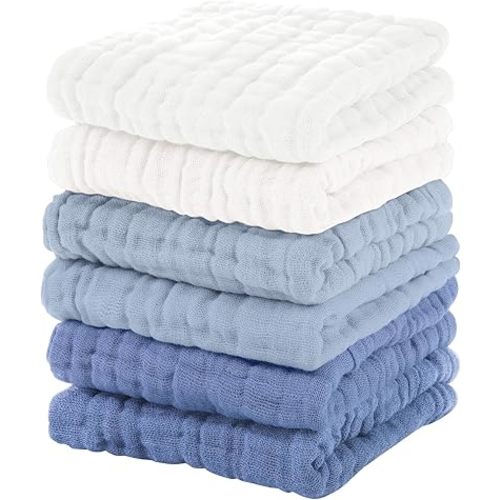 Muslin Baby Washcloths 6 Pack, 100% Cotton Wash Cloths for Babies, Large 12''X12'' Burp Cloths Absorbent and Soft for Newborn Infants Kids Boys Girls - Gradient Blue