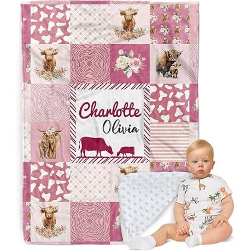 Personalized Baby Blanket - Custom Name with Animals Plaid Design - Patchwork Soft Plush Throw Blanket with Double Layer Dotted Backing for Boys Girls Gifts Color26-Highland Cow