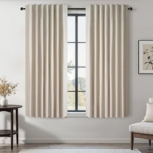 Topfinel Beige White 100% Blackout Curtains 72 Inches Long 2 Panels for Bedroom Natural Linen Heavy Insulated Bay Window Curtains Modern Neutral Drapes for Bedroom/Cabin/Kitchen (W52 x L72)