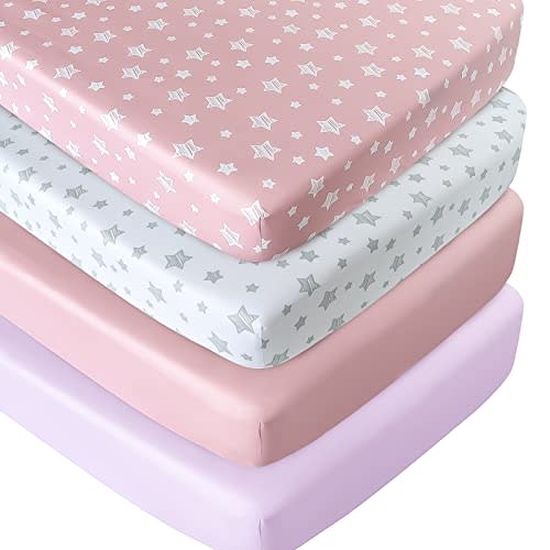 Crib Sheets for Girls 4 Pack, Fitted Crib Sheets for Standard Size Crib and Toddler Mattresses, Soft and Breathable Baby Gift Girl Set, Pink