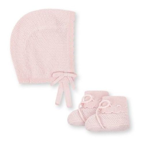 Hope & Henry Baby Organic Sweater Bonnet and Bootie 2-Piece Set, Pale Pink Bonnet Set, 18-24 Months