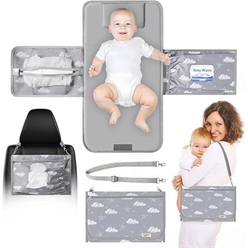 Portable Diaper Changing Pad - Travel Waterproof Baby Changing Mat with Shoulder Strap - Foldable Diaper Changing Station with Wipes Pocket, Bags for Carrying Babies' Accessories