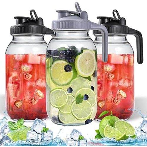 3 Packs 64OZ Glass Pitcher with Lid, Wide Mouth Mason Jar Water Jug, Leak-Proof Airtight Mason Jar for Cold Brew Coffee, Iced tea, Milk, Food Storage, Sun Tea