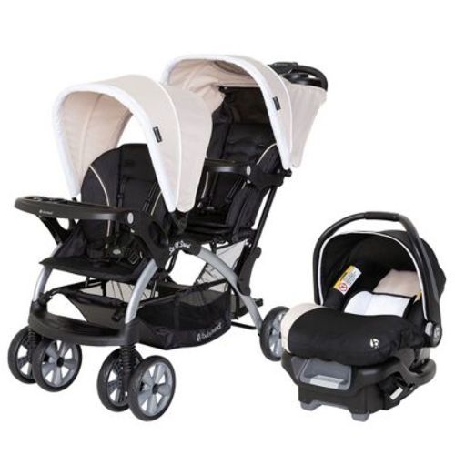Baby Trend Double Stroller And Car Seat Combo, Toddler And Infant Travel System With Safety Harnesses And Cover, Lightweight Design, Khaki