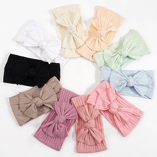 CÉLLOT 10 Colors Super Stretchy Soft Knot Baby Girl Headbands with Hair Bows Nylon Head Wrap For Newborn Baby Girls Infants Toddlers Kids