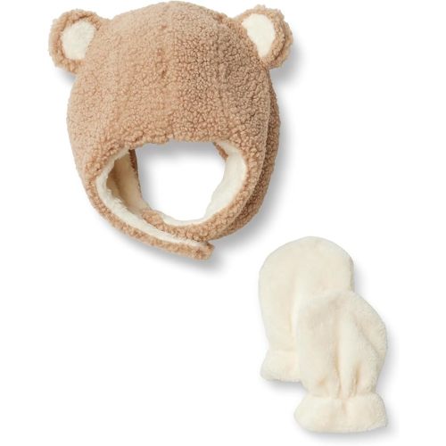Amazon Essentials x Sofia Grainge Unisex Babies' Plush Faux Fur Hat and Mittens Set