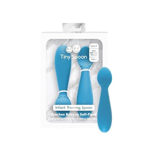 ezpz Tiny Spoon (2 Pack in Blue) - 100% Silicone Baby Spoon for Baby Led Weaning + Purees - 6 Months + - Designed by a Pediatric Feeding Specialist - Baby Essentials & Baby Gifts