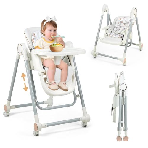 Foldable High Chair for Babies and Toddlers,Baby Swings for Infants 6-36 Months Old, Portable Baby Chair with Adjustable Backrest, Footrest, Tray, and Seat Height, Detachable Leather Cushion