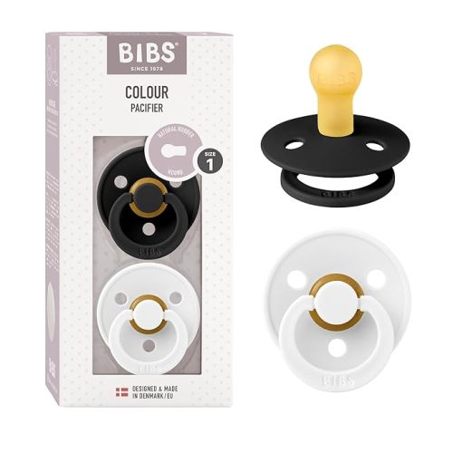 BIBS Pacifiers | Natural Rubber Baby Pacifier | Set of 2 BPA-Free Soothers | Made in Denmark | Black/White | Size 0-6 Months