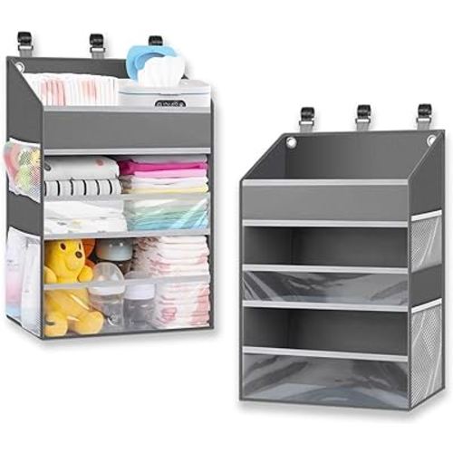 Hanging Diaper Caddy Organizer Crib Organizer–Spacious Baby Girl/Boy Diaper Organizer for Changing Table, Playpen/Wall- Hold 90+ Diaper (Grey)
