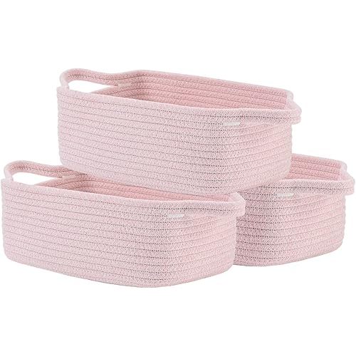 Small Woven Basket, 12 x 8 x 4.5 Inches, Small Storage Baskets for Organizing, Gift Baskets Empty, Shelf Closet Organizer, Storage Bins for Shelves, Cute Rope Dog Toy Easter Basket, 3 Packs Light Pink