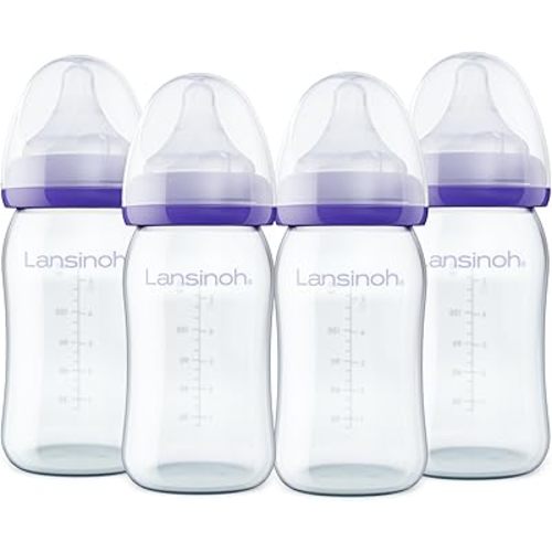 Lansinoh Anti-Colic Glass Baby Bottles, 5 Ounces, 4 Count Bottles for Feeding, Baby Essentials, Includes 4 Slow Flow Nipples, Size S