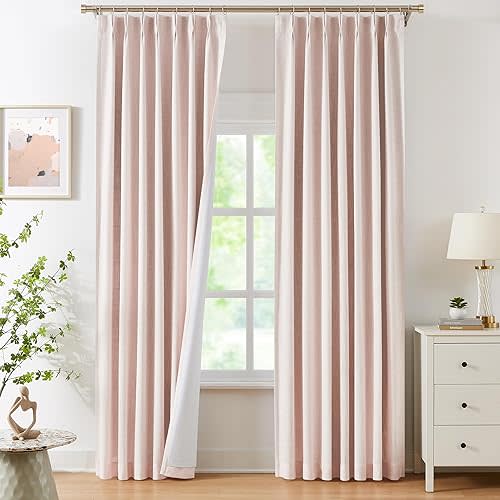 WEST LAKE Bailey Pinch Pleat Full Blackout Curtains 90 Inches Long,Pink Linen Textured 100 Room Darkening Drapes with Back Tabs for Lovely Girls Room Bedroom,Rustic Window Treatment,40" Wx90 Lx2