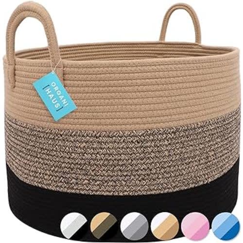 OrganiHaus Large Woven Storage Basket for Blankets and Toys 20" x 13" Inch, Rope Laundry Basket with Handles, Cushions & Pillows Storage Bin, Nursery Hamper, Soft Round Dog Toy Bin - Brown/Black