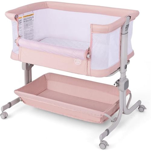 BABY JOY Bassinet, Bedside Crib w/ 6-Level Adjustable Height, Storage Shelf, Wheels, Mattress & Carry Bag for Safe Co-Sleeping, Folding Bassinet Bedside Sleeper for Newborn Infants (Beige)