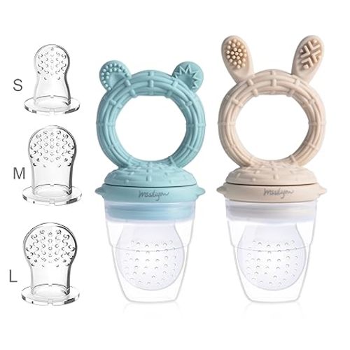 Mssiliyow Baby Fruit Feeder Pacifier 2 Pack Food Grade BPA-Free Silicone Pouches and Nipples Infant Baby Teether Toy 3M+ Dishwash Safe (Bear Green & Bunny Khaki)