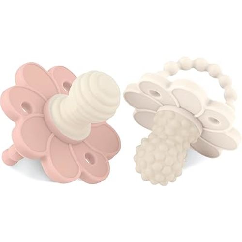 Soothipop Silicone Pacifier Teething Toys for Babies 0-6 Months 12, 18 Months - (2 Pack) Pacifier Shaped Baby Teether, Soft Teething Pacifiers for Babies Baby Teething Relief Flower (Cream & Pink)