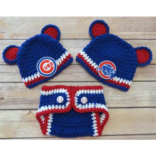 Cubs Hat & matching Diaper Cover, Newborn to 12 months, photo props, Bear or Cubs patch