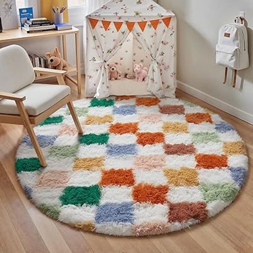 PureCozy Checkered Rug 6x6 for Living Room, Modern Neutral Shag Rug Washable Non-Slip Large Area Rug Super Soft Indoor Fuzzy Carpet Fluffy Rugs for Bedroom Home Aesthetic Decor
