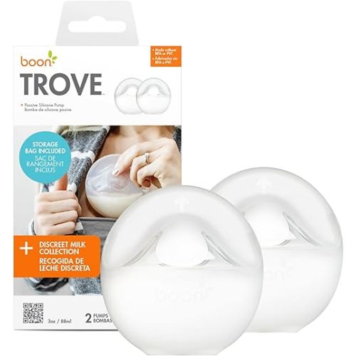 Boon Trove Silicone Manual Breast Pump Set - Hands Free Breast Milk Collector - Includes Canvas Travel Pouch - Breastfeeding Essentials - 2 Count