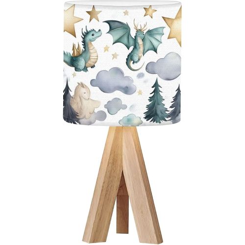 OEPWQIWEPZ Tripod Bedside Desk Table Lamp Dragon Baby Animals Watercolor Wood Nightstand Lamp with Linen Fabric Shade for Nursery Bedroom Living Room Kids Room