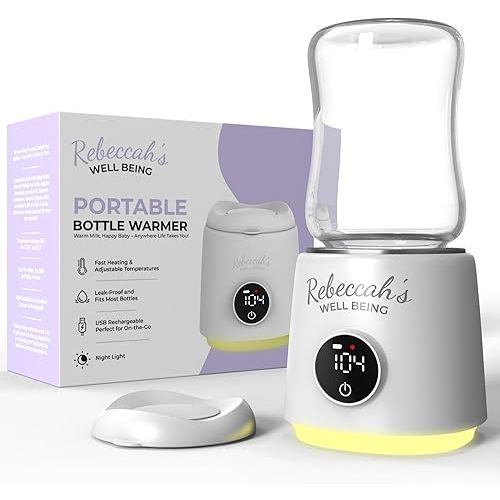 Portable Bottle Warmer for Travel with built in Nightlight, Fast 4 Heat Settings, Lightweight, Leak-Proof Design & Safe Rechargeable Baby Bottle Warmer for Breastmilk Formula or Water, Travel-Friendly