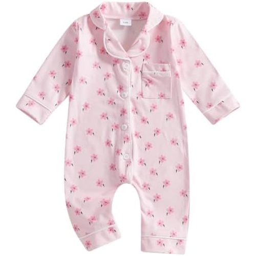 Balaflyie Baby Girl Button Down Pajamas Romper One-Piece Jumpsuit Long Sleeve Sleeper Infant Sleepwear