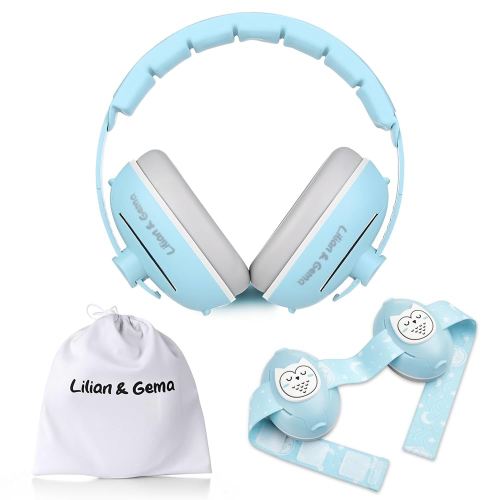 Lilian&Gema 2-in-1 Baby Ear Muffs Noise Protection, Adjustable Headphones with Band, Owls Noise Cancelling Headphones for Babies & Toddler up to 4 Years, Baby Airplane Essentials/Outdoor, Blue