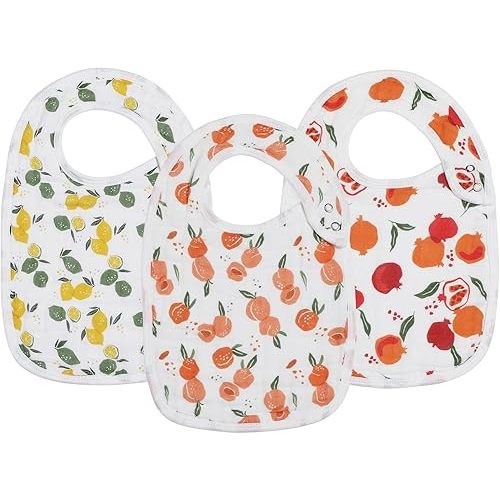 Snap Muslin Bibs for Girls, 3-Pack Baby Bibs for Infants, Newborns and Toddlers, 100% Cotton Muslin Absorbent & Soft Layers, Adjustable Snaps,"Lemon,Peach,Pomegranate"