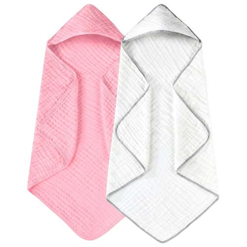 2 Pack Hooded Baby Towels - 100% Muslin Cotton for Newborns, Infants, Toddlers - Large 32x32Inch Size - Highly Absorbent and Essential for Newborn Care