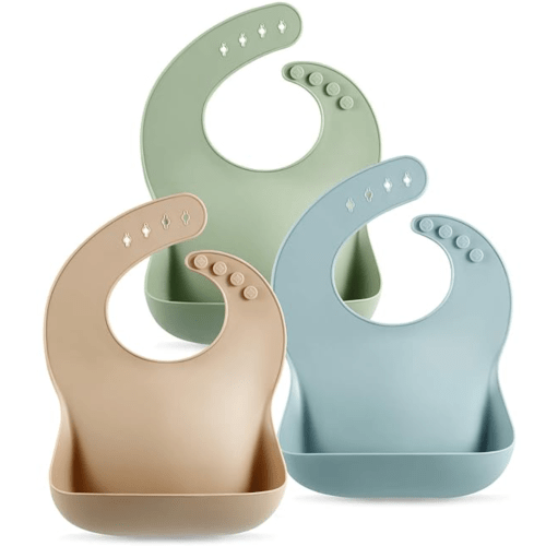 PandaEar Set of 3 Silicone Baby Bibs Waterproof, Soft, Unisex, 10-72 Months (Brown/Blue/Green)