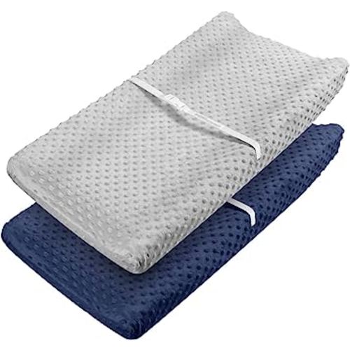 Babebay Changing Pad Cover - Ultra Soft Minky Dots Plush Changing Table Covers Breathable Changing Table Sheets Wipeable Changing Pad Covers Suit for Baby Boys and Girls (Lt Grey & Navy Blue)