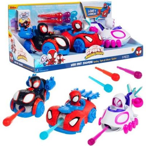 Marvel Spidey and His Amazing Friends Web Dart Zoomers 3 Pk Vehicle Set- 3 Cars w Load & Launch Darts- Spider-Verse Gift for Kids Boys Girls