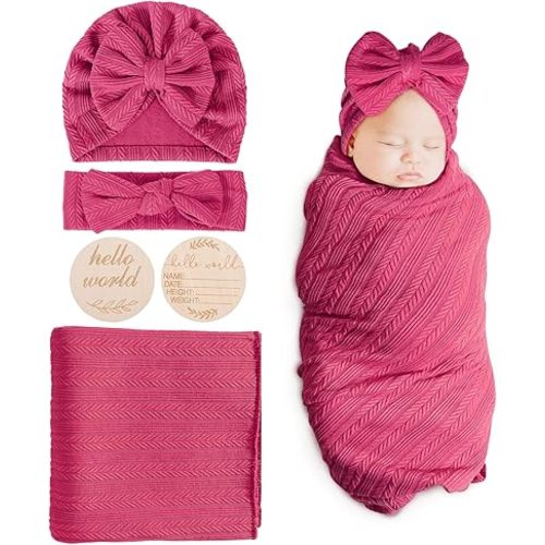 BQUBO Baby Swaddle Blankets for Girls, 4PCS Newborn Accessories Set with Hat and Bow Headband with Hello World Wooden Birth Announcement Card, Baby Blankets for Girls